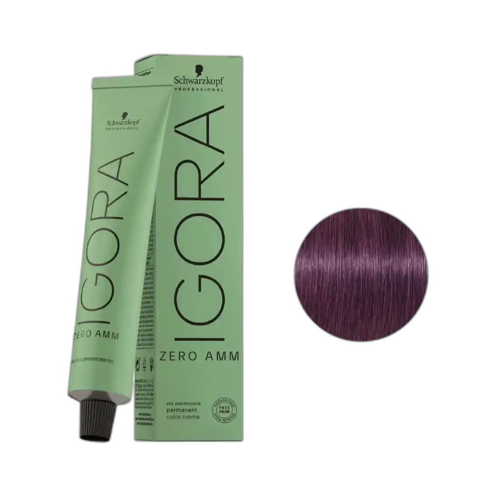 Coloração Igora Zero Amm 6.99 Louro Escuro Violeta Extra Schwarzkopf Professional tubo e amostra da cor